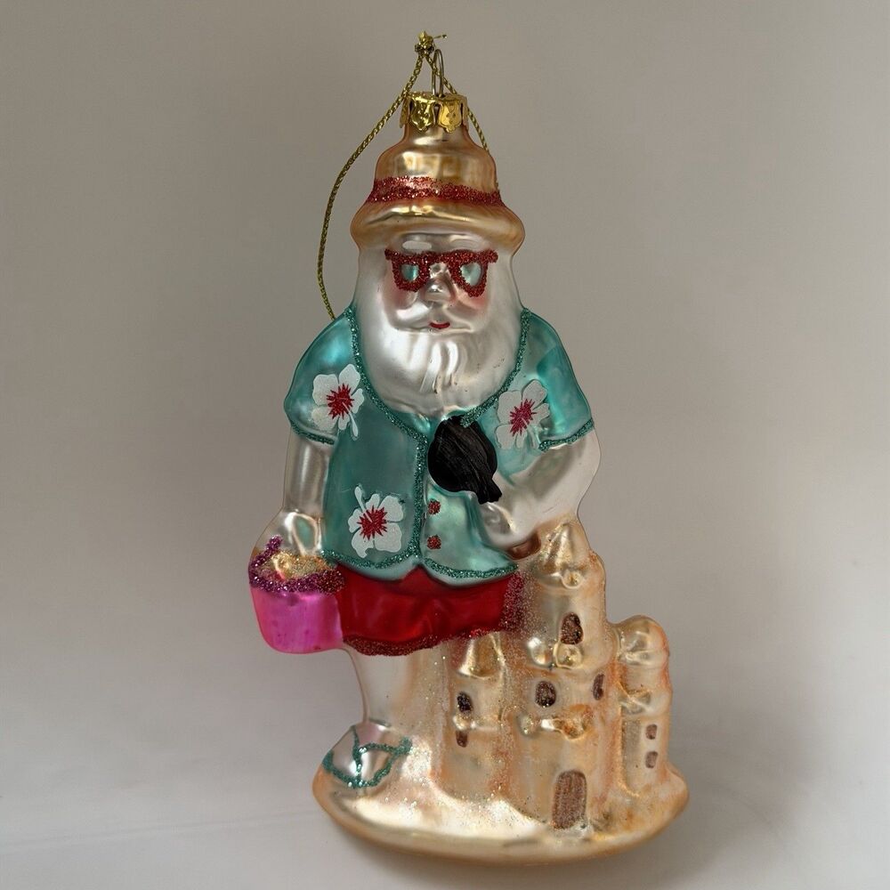 Beach Santa Glass Christmas Ornament 5.5” Sandcastle Hawaiian Tropical Coastal